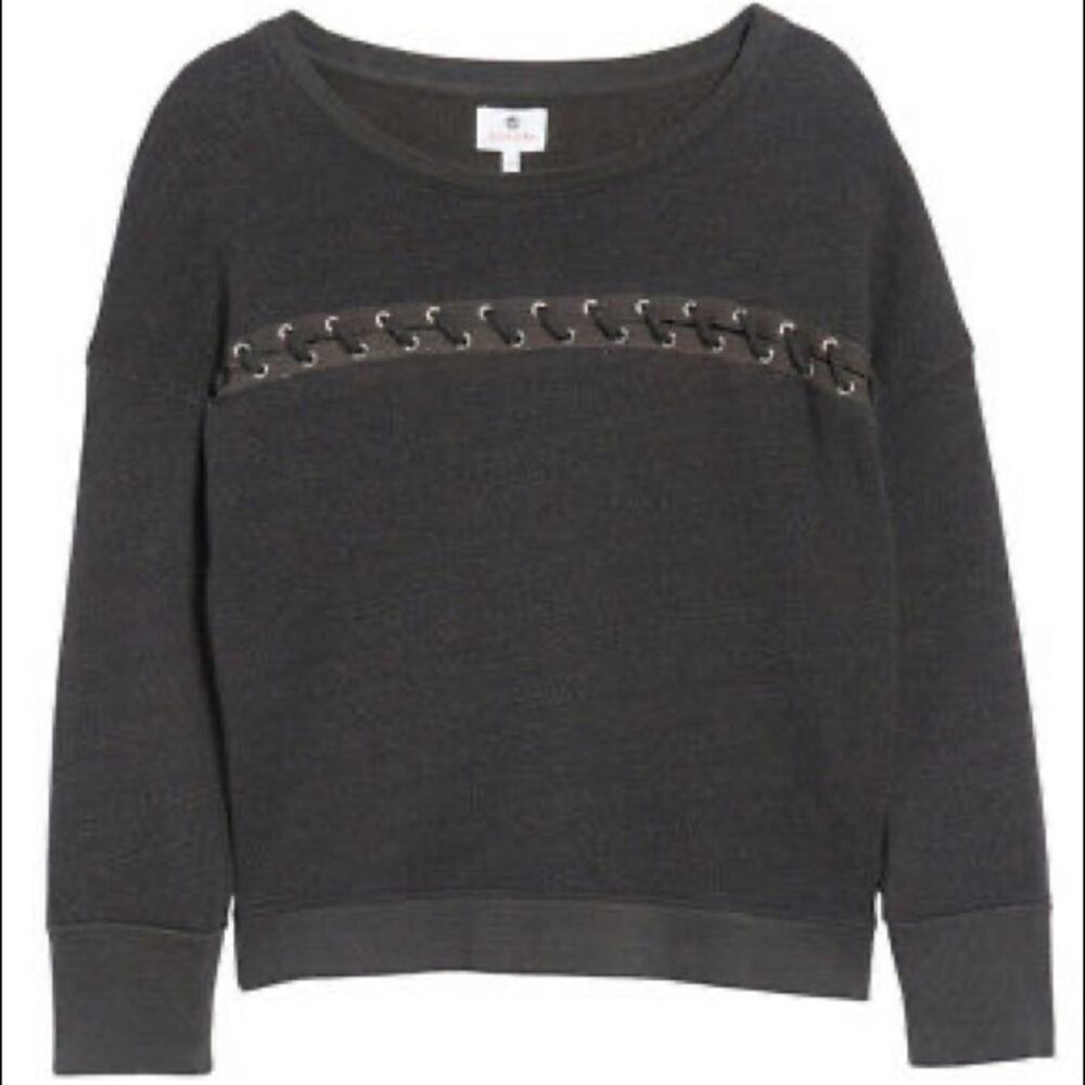 Sundry Lace Up Karma Embroidered Black Cozy Lounge Pullover Sweatshirt Size 1
